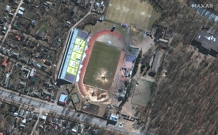O Estádio de Chernihiv foi severamente danificado.