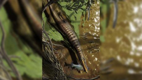 Ilustração de Baryonyx walkeri, um espinossaurídeo do Reino Unido, caçando e se alimentando.