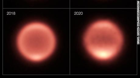 O aumento do brilho pode ser visto no pólo sul de Netuno entre 2018 e 2020, indicando uma tendência de aquecimento. 