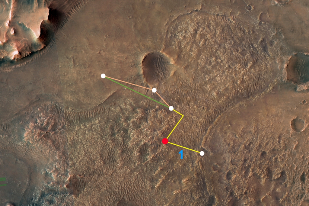 Esta imagem aérea anotada do Mars Exploration Orbiter (MRO) da NASA mostra os vários voos – e duas rotas diferentes – que o inovador helicóptero Mars da agência poderia chegar ao Delta da Cratera Jezero.