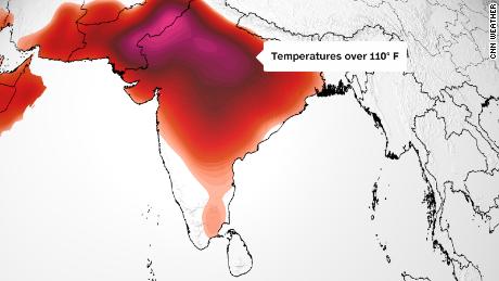 O mapa de previsão mostra que a maior parte da Índia suportará altas temperaturas na sexta-feira: acima de 32°C/90°F (em tons de laranja);  Acima de 38°C/100°F (em vermelho);  ou superior a 43°C/110°F (rosa).
