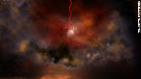 Este é o conceito de um artista de uma estrela de nêutrons com um campo magnético ultra forte, chamado magnetar, que emite ondas de rádio (em vermelho). 
