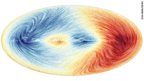Os dados do Gaia revelam a velocidade com que mais de 30 milhões de estrelas da Via Láctea estão se aproximando ou se afastando da Terra.  O azul mostra as partes do céu onde o movimento médio das estrelas está em nossa direção, enquanto o vermelho mostra as áreas onde o movimento médio está mais distante de nós. 