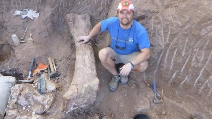 O paleontólogo Peter Makovicki estuda fósseis de dinossauros em um local de escavação no norte da Patagônia, Argentina