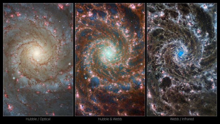 À esquerda, uma visão do Telescópio Espacial Hubble da galáxia.  À direita, a imagem do Telescópio Espacial James Webb é surpreendentemente diferente.  A foto mesclada central combina esses dois para uma visão verdadeiramente única deste 