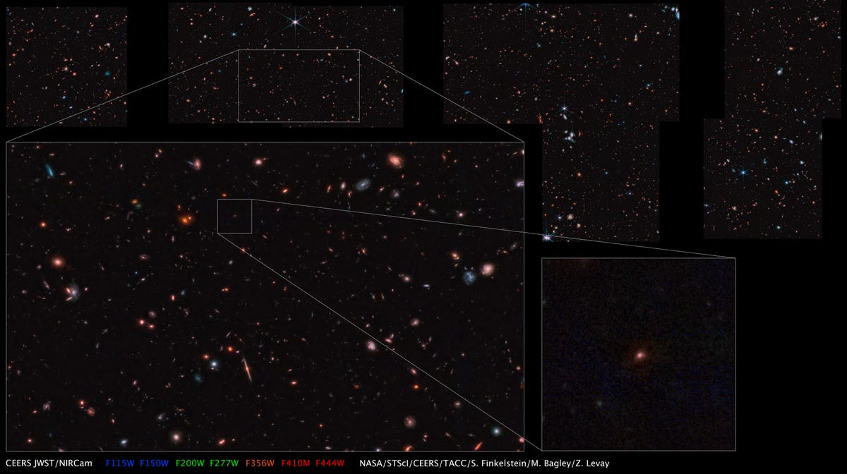 O fundo escuro do espaço mostra diferentes ângulos da galáxia Maisie.  A cópia mais próxima da imagem está no canto inferior esquerdo, representando um ponto de luz avermelhado.