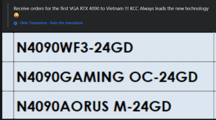 Os modelos personalizados GeForce RTX 4090 da Gigabyte são listados pelo varejista vietnamita.  (Créditos da imagem: I_Leak_VN)