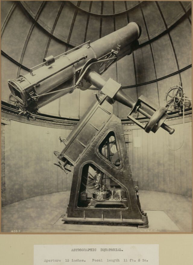 Astronomical telescope used at the Royal Observatory in Greenwich to survey the sky for photographing the Carte du Ciel.  The instrument consists of two refracting telescopes placed together on an equatorial base.  One was used to capture the image, while the other provided accurate tracking during the long exposures required by the low-sensitivity films then available. 
