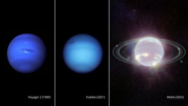 Fotos lado a lado de Netuno tiradas pela Voyager 2 em 1989, Hubble em 2021 e Webb em 2022.