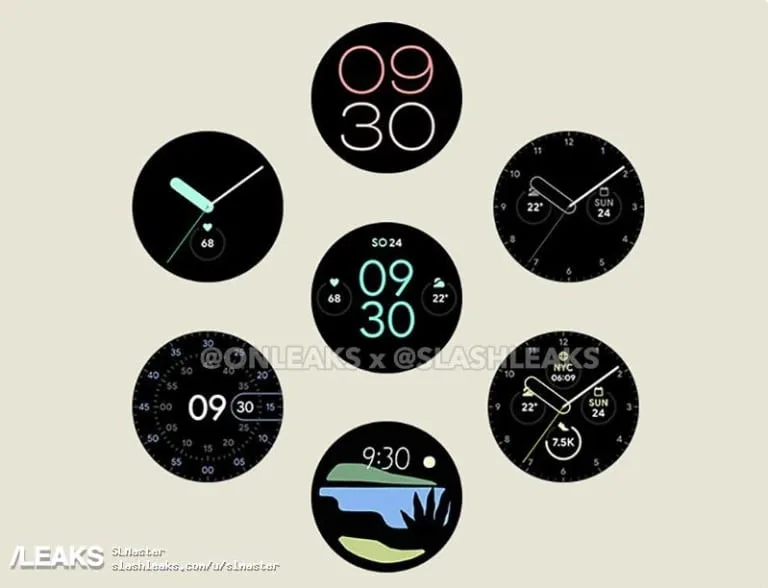 Uma imagem vazada do Pixel Watch do Google mostrando alguns mostradores de relógio.