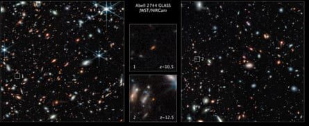 Dois campos estelares com caixas de posicionamento mostrando as galáxias, com imagens ampliadas e arrastáveis ​​das próprias galáxias no centro