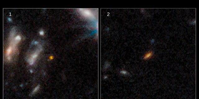 Acredita-se que essas duas galáxias tenham existido 350 &  450 milhões de anos após o Big Bang (da esquerda para a direita).  Ao contrário da nossa Via Láctea, essas primeiras galáxias são pequenas e compactas, com formas esféricas ou de disco em vez de grandes espirais.