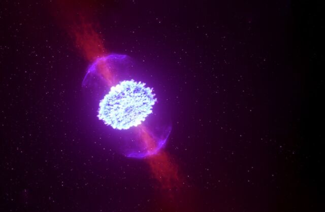 Quando as estrelas de nêutrons se fundem, elas podem produzir ejeções radioativas que alimentam um sinal de kilonova.  Uma explosão de raios gama observada recentemente acabou indicando um evento híbrido não detectado anteriormente envolvendo uma kilonova.