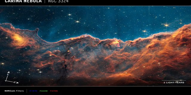 Imagem dos penhascos cósmicos, uma região na borda de uma cavidade gasosa gigante dentro de NGC 3324, tirada pela Near Infrared Webcam (NIRCam), com setas de bússola, barra de escala e chave de cores para referência.  A seta da bússola norte e leste mostra a direção da imagem no céu.  Observe que a relação entre o norte e o leste no céu (visto de baixo) é invertida em relação às setas direcionais no mapa da Terra (visto de cima).  A barra de escala é indicada em anos-luz, que é a distância que a luz percorre em um ano terrestre.  A luz leva dois anos para percorrer uma distância igual ao comprimento da fita.  Um ano-luz é cerca de 5,88 trilhões de milhas ou 9,46 trilhões de quilômetros.  Esta imagem mostra os comprimentos de onda do infravermelho próximo da luz traduzidos nas cores da luz visível.  A chave de cores mostra os filtros NIRCam que foram usados ​​ao coletar a luz.  A cor de cada nome de filtro é a cor da luz visível usada para representar a luz infravermelha que passa por esse filtro.  A NIRCam de Webb foi construída por uma equipe da Universidade do Arizona e do Centro de Tecnologia Avançada da Lockheed Martin.